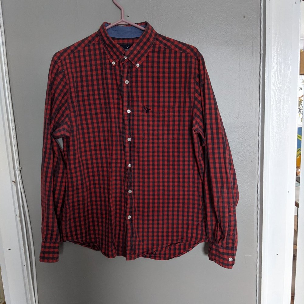 Men's Lightweight Red Plaid Button Down Shirt - American Eagle - Medium